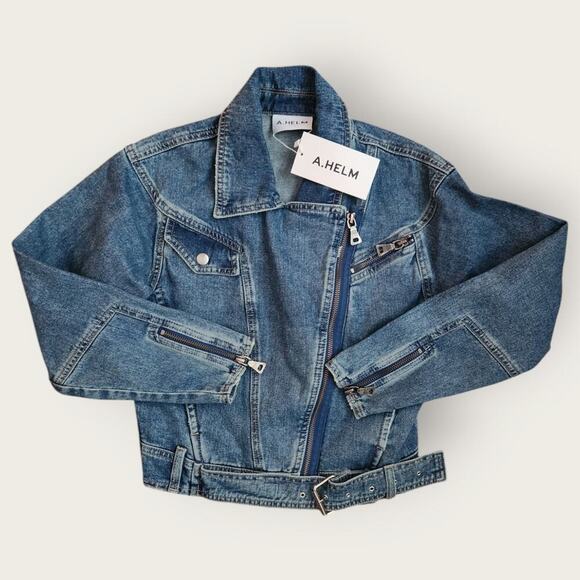 A.HELM Crop Jean Jacket Womens Sz XS Zippered Wrist Buckled Snap Pocket NWT - Picture 1 of 10